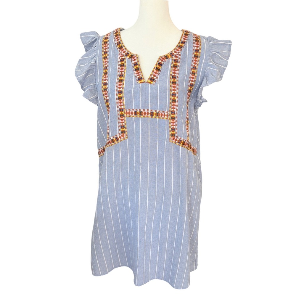 Entro Blue White Striped Embroidered‎ Flutter Sleeve Shift Dress Large D11800